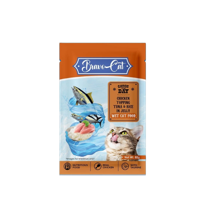 BravoCat Pouch Chicken Topping Tuna & Rice in Jelly Wet Food 80g