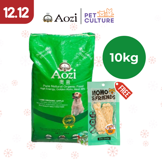 Aozi Organic Adult Dry Dog Food Lamb And Apple 10kg w/ Momo & Friends Dog Chew Treats Munchy Chicken Drum 65g