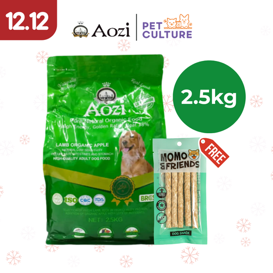 Aozi Organic Adult Dry Dog Food Lamb And Apple 2.5kg w/ Momo & Friends Dog Chew Treats Crunchy Stick 65g