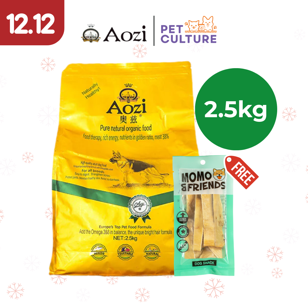 Aozi Organic Adult Gold Beef + Egg & Spinach Dog Dry Food 2.5kg w/ Momo & Friends Dog Chew Treats Cow Ear Cone 20g