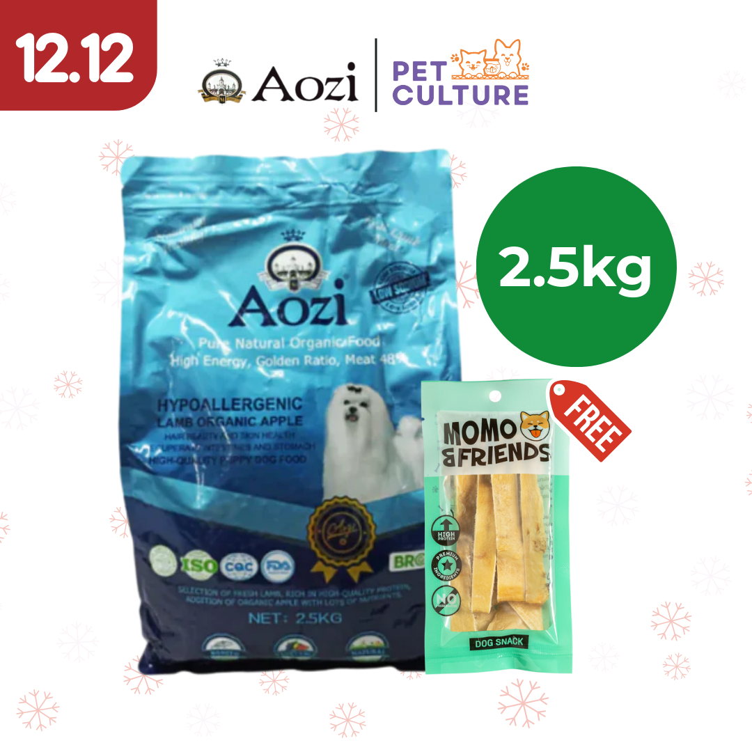 Aozi Organic Puppy Dry Dog Food Lamb And Apple 2.5kg w/ Momo & Friends Dog Chew Treats Cow Ear Cone 20g