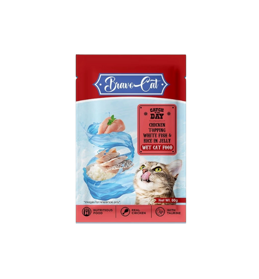 Bravo Cat Pouch Chicken Topping White Fish & Rice In Jelly Wet Food 80g