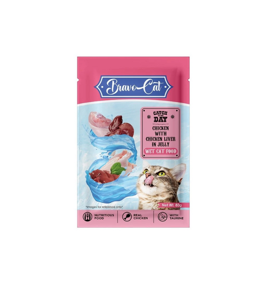 Bravo Cat Pouch Chicken w/ Chicken Liver in Jelly Wet Food 80g