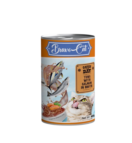 Bravo Cat Soup Meal Can Wet Food Tuna w/ Salmon in Broth Adult Cat 400g