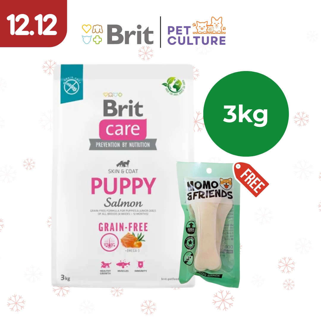 Brit Care Puppy Salmon 3kg w/ Momo & Friends Dog Chew Treats 4-inch Flat Bone 30g