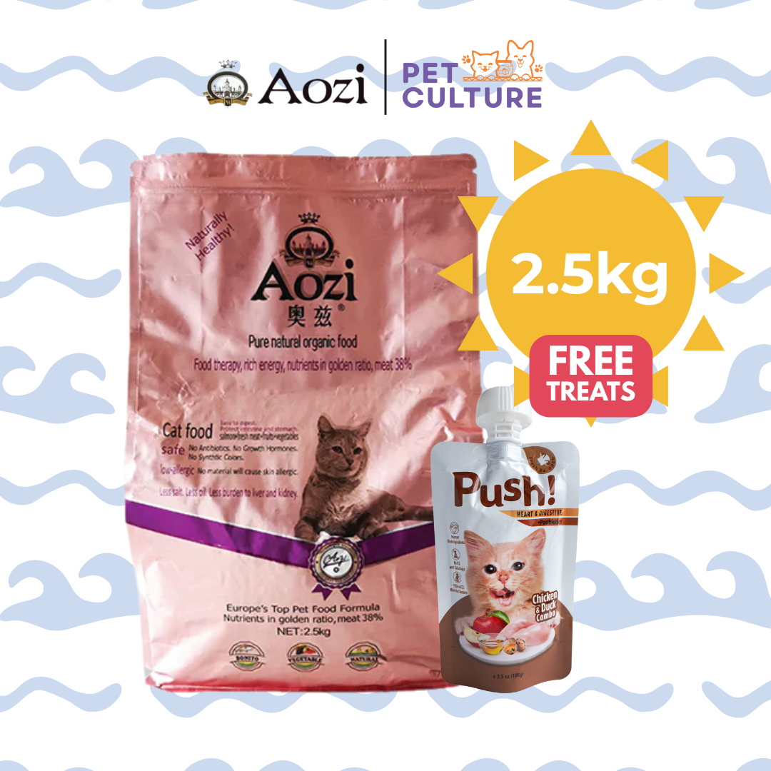 Aozi Cat Dry Food Natural Organic Salmon 2.5kg w/ Push! Cat Wet Food Chicken & Duck Combo (Heart & Digestive w/ Postbiotics) 100g