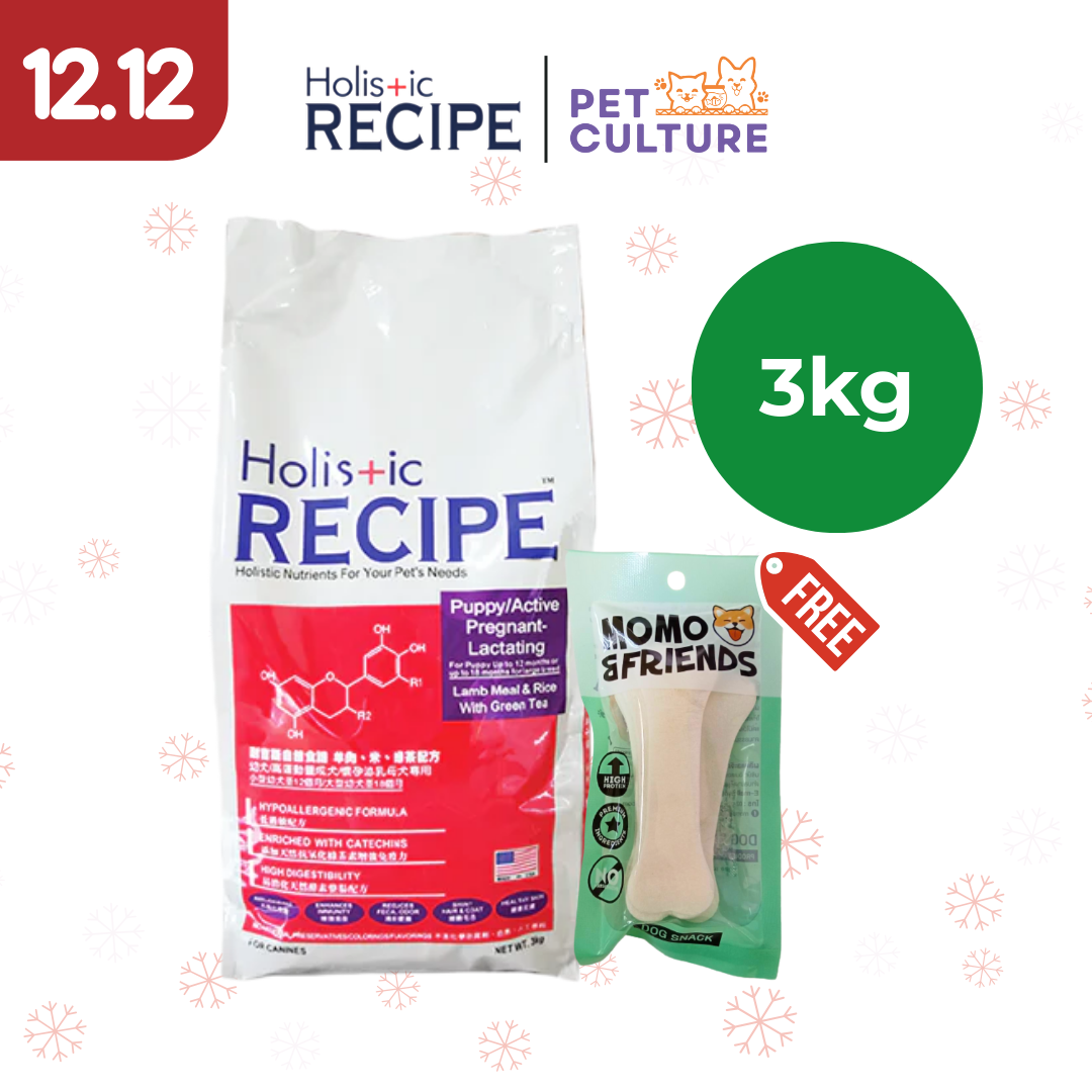 Holistic Recipe Puppy Lamb And Rice 3kg w/ Momo & Friends Dog Chew Treats 4-inch Flat Bone 30g