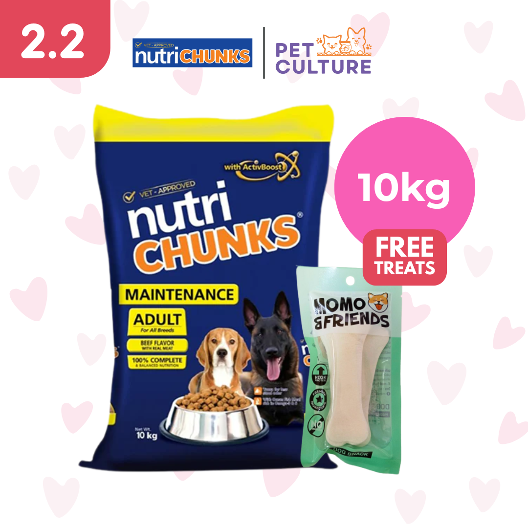 Nutri Chunks Maintenance Beef 10kg w/ Momo & Friends Dog Chew Treats 4-inch Flat Bone 30g