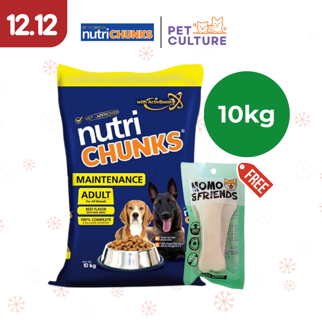 Nutri Chunks Maintenance Beef 10kg w/ Momo & Friends Dog Chew Treats 4-inch Flat Bone 30g