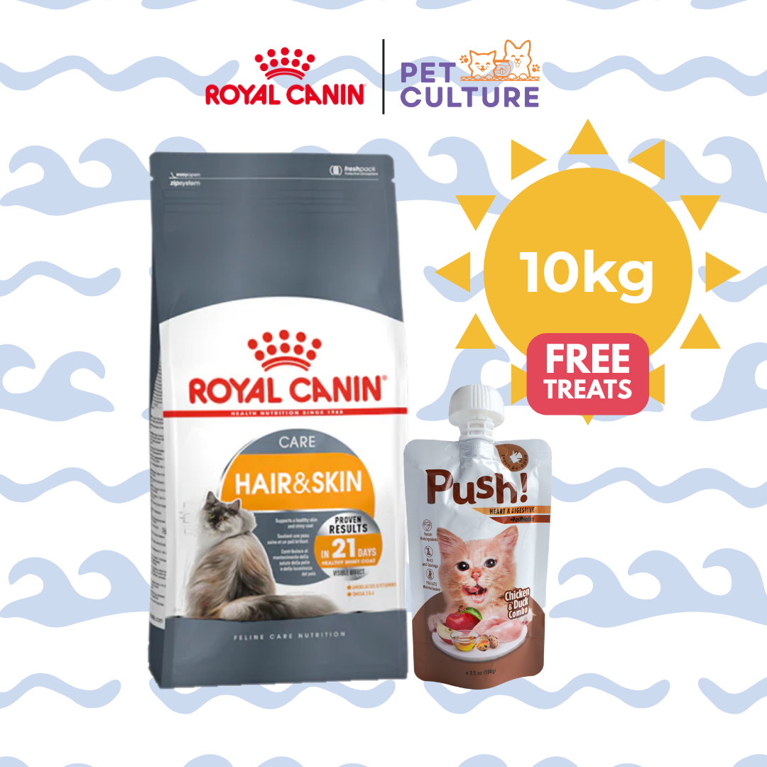 Royal Canin Hair & Skin 10kg w/ Push! Cat Wet Food Chicken & Duck Combo (Heart & Digestive w/ Postbiotics) 100g