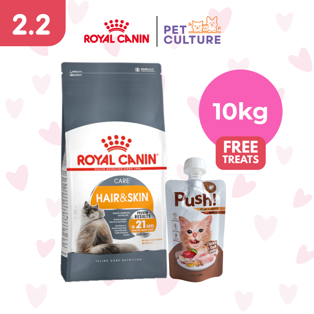 Royal Canin Hair & Skin 10kg w/ Push! Cat Wet Food Chicken & Duck Combo (Heart & Digestive w/ Postbiotics) 100g