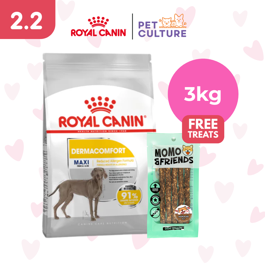 Royal Canin Maxi Dermacomfort 3kgs w/ Momo & Friends Dog Chew Treats Crunchy Baked Meat Beef 55g