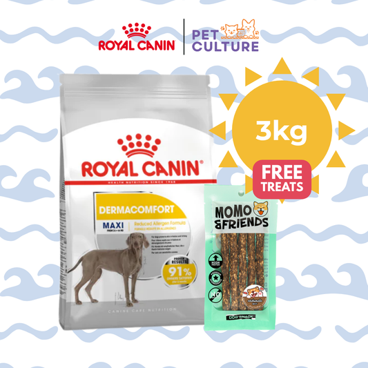 Royal Canin Maxi Dermacomfort 3kgs w/ Momo & Friends Dog Chew Treats Crunchy Baked Meat Beef 55g