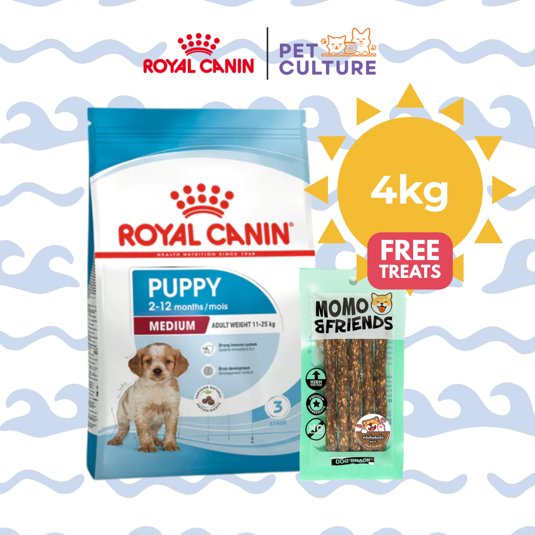 Royal Canin Medium Puppy 4kg w/ Momo & Friends Dog Chew Treats Crunchy Baked Meat Beef 55g