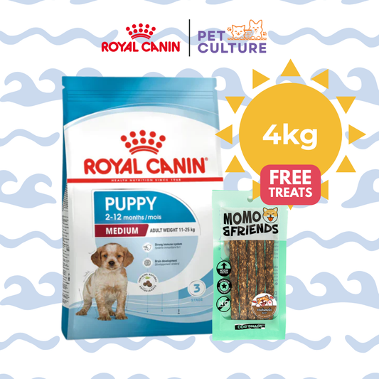 Royal Canin Medium Puppy 4kg w/ Momo & Friends Dog Chew Treats Crunchy Baked Meat Beef 55g