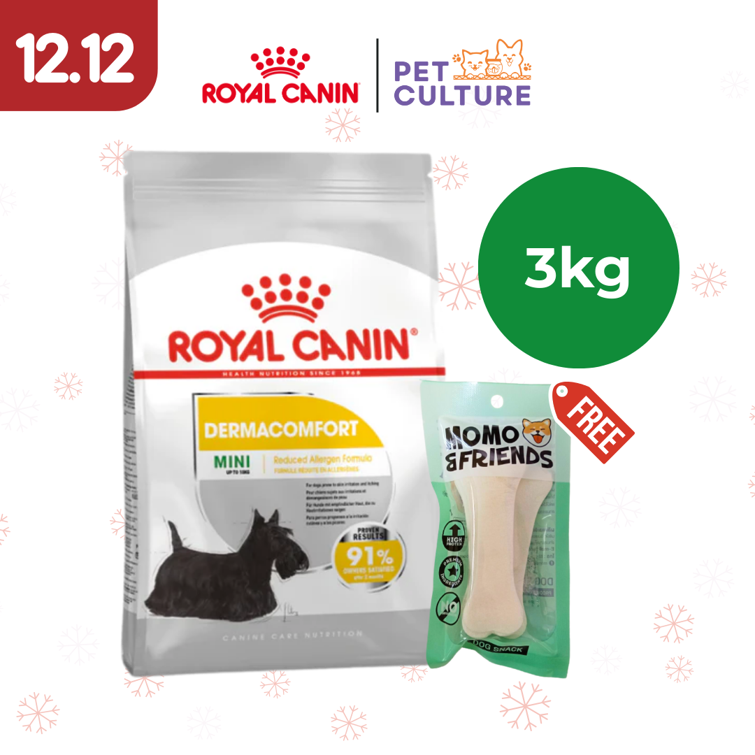 Royal Canin Dermacomfort Mini 3kg w/ Momo & Friends Dog Chew Treats 4-inch Flat Bone 30g