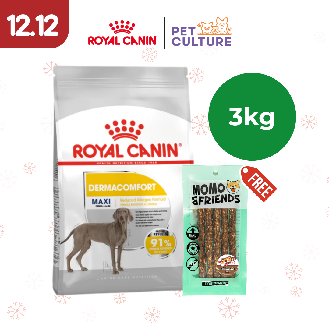 Royal Canin Maxi Dermacomfort 3kgs w/ Momo & Friends Dog Chew Treats Crunchy Baked Meat Beef 55g