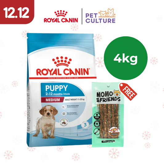 Royal Canin Medium Puppy 4kg w/ Momo & Friends Dog Chew Treats Crunchy Baked Meat Beef 55g