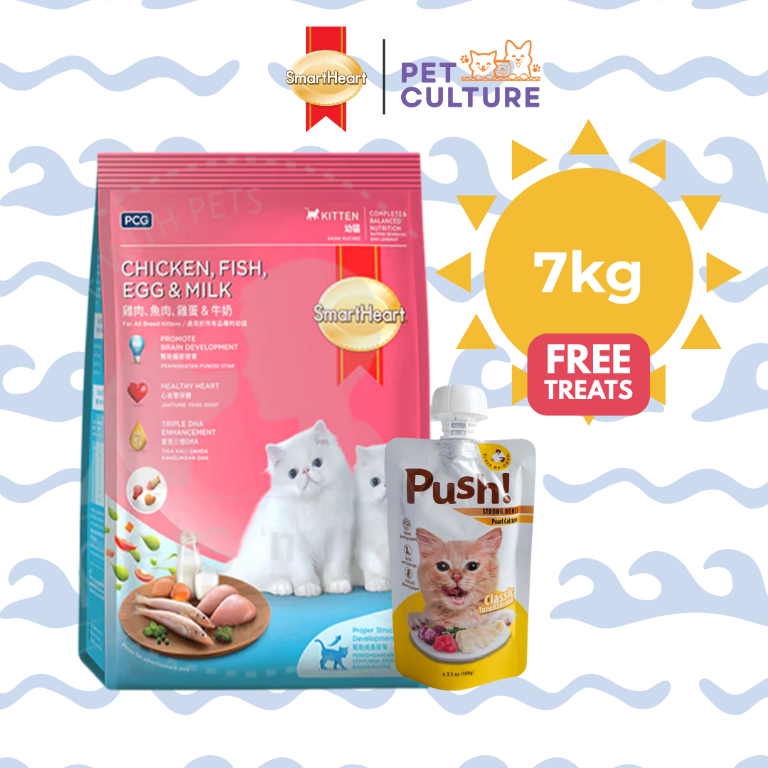 Smartheart Cat Dry Food Kitten Chicken With Fish & Egg 7kg w/ Push! Cat Wet Food Classic Tuna & Shirazu (Strong Bones w/ Pearl Calcium) 100g