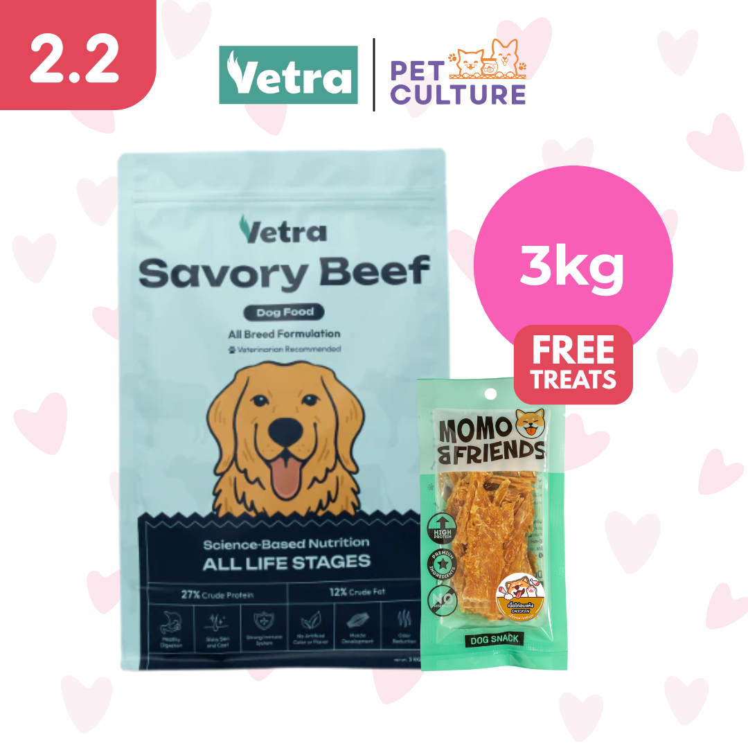 Vetra Dog Food 3kg w/ Momo & Friends Dog Chew Treats Dried Meat Chicken 55g