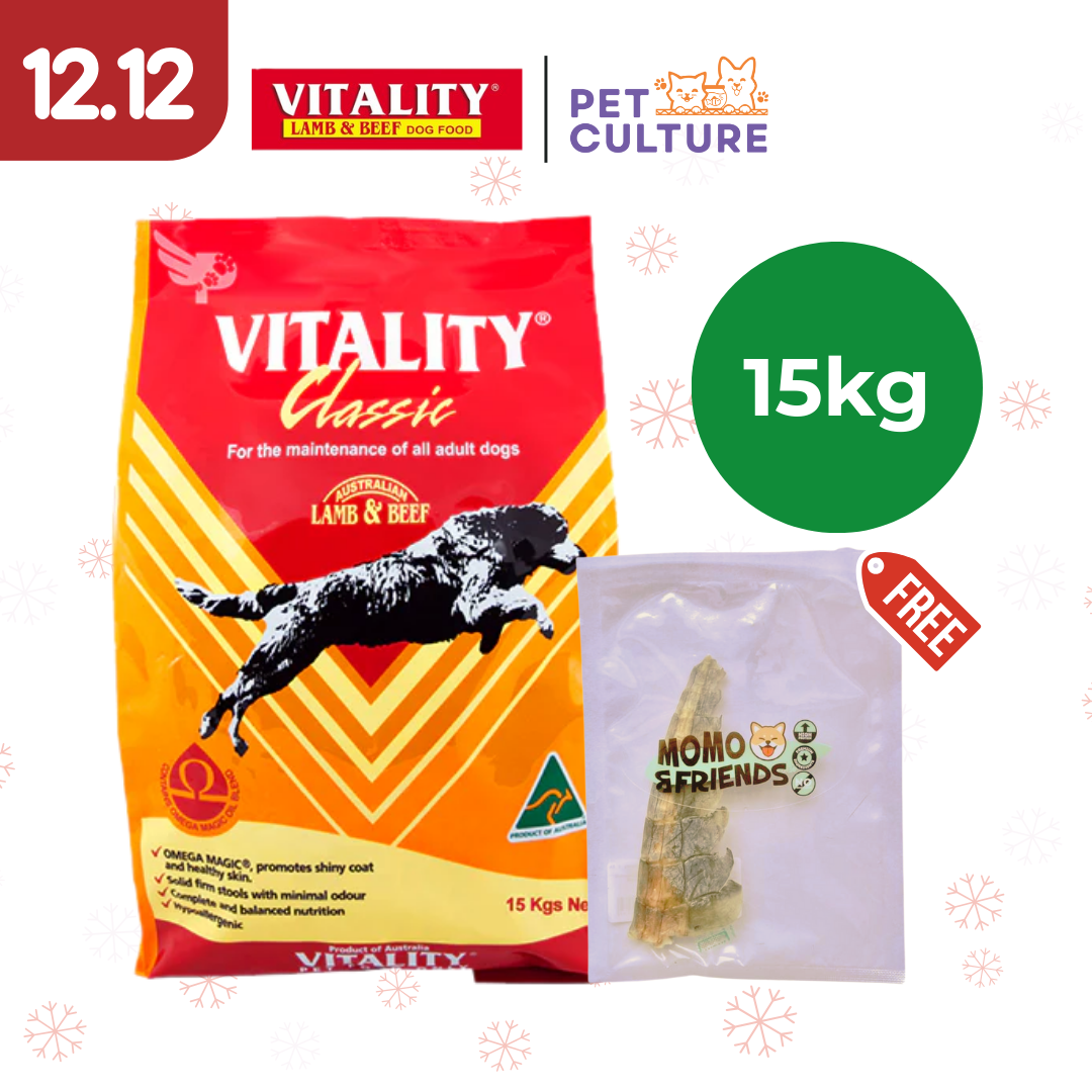 Vitality Classic Adult 15kg w/ Momo & Friends Dog Chew Treats Crocodile Tail 25g