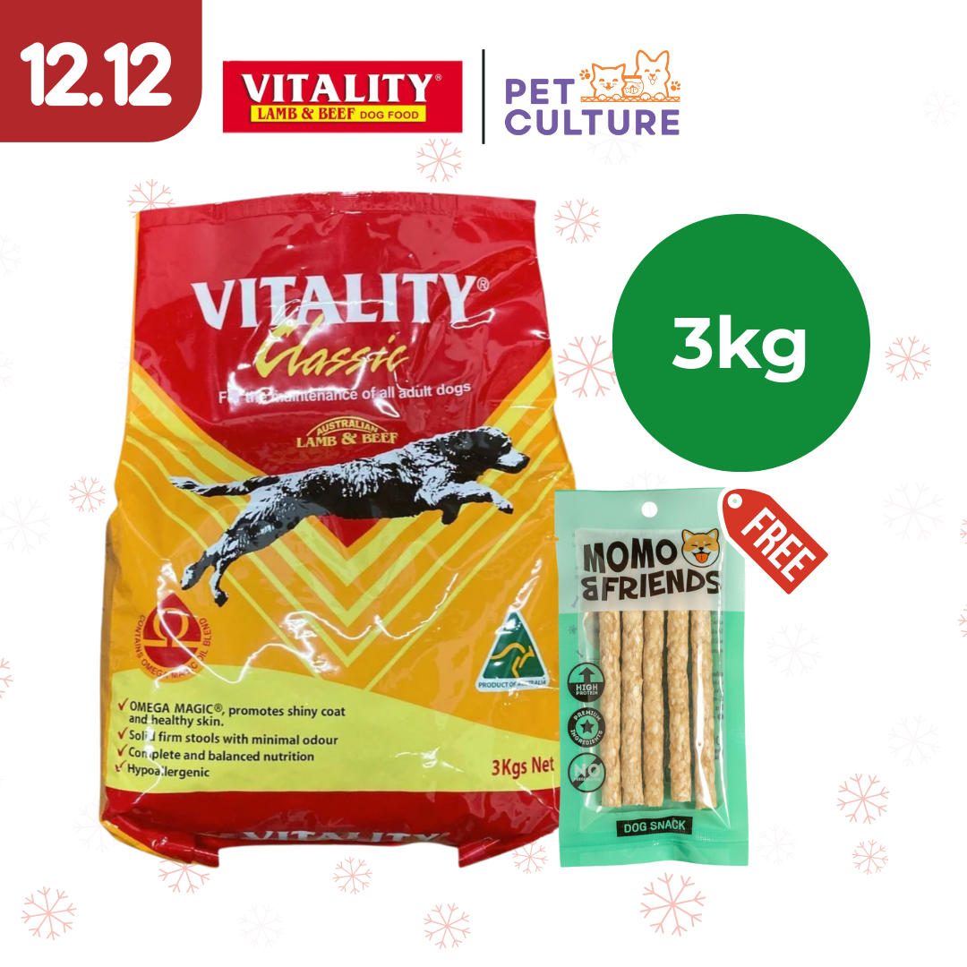 Vitality Classic Adult 3kg w/ Momo & Friends Dog Chew Treats Crunchy Stick 65g